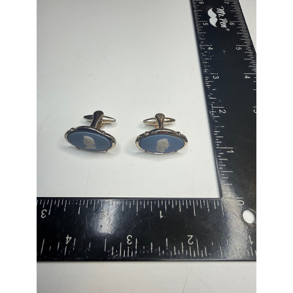 Vintage Wedgwood Blue Jasperware Cameo Cufflinks Silver Tone Oval Pat 1144883